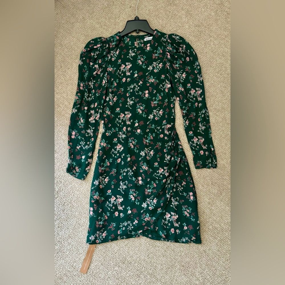Reformation midnight green floral long sleeve dress